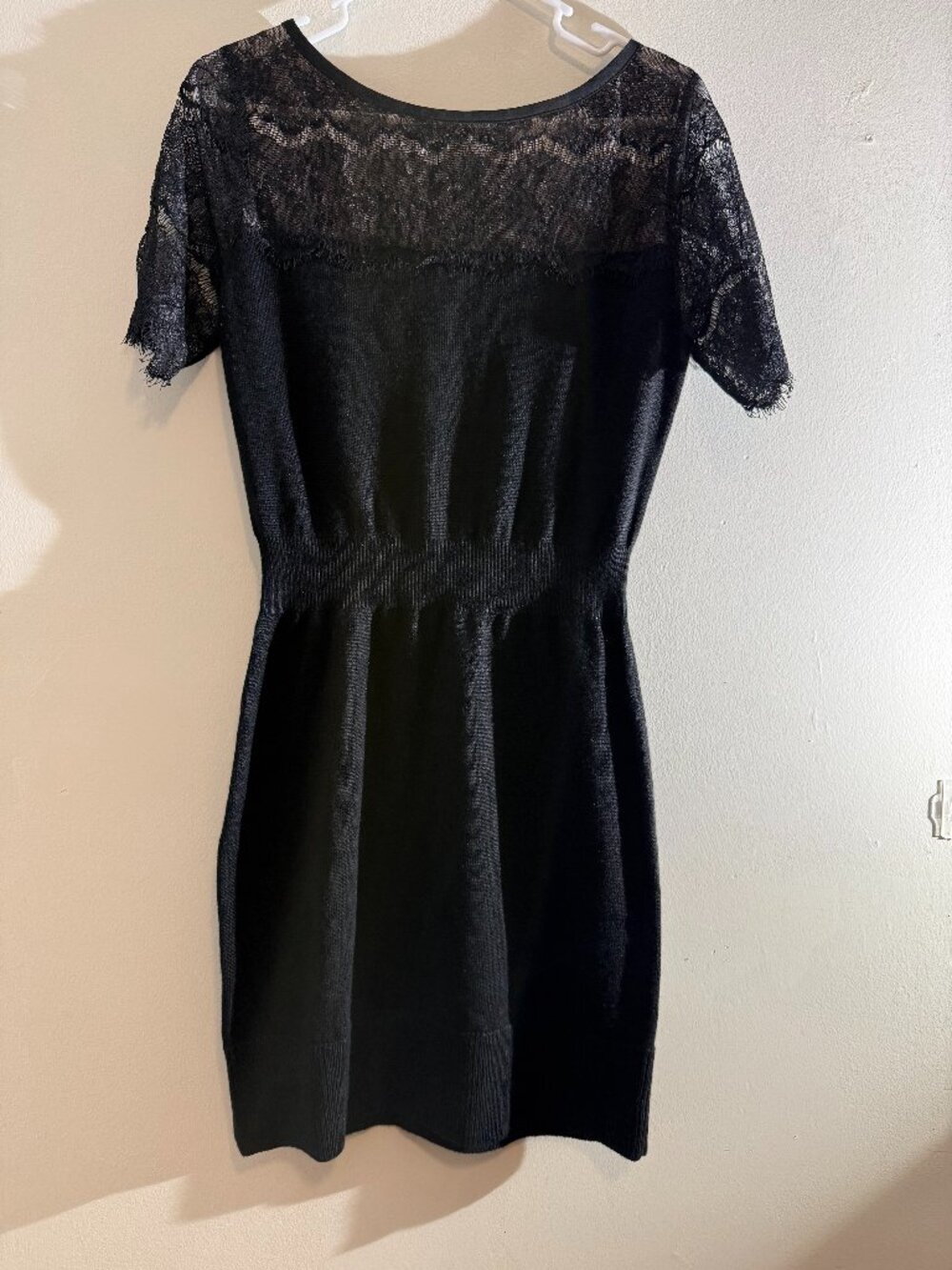 LOFT Black Merino Wool Blend Knit & Lace Cocktail Sweater Dress | Size S